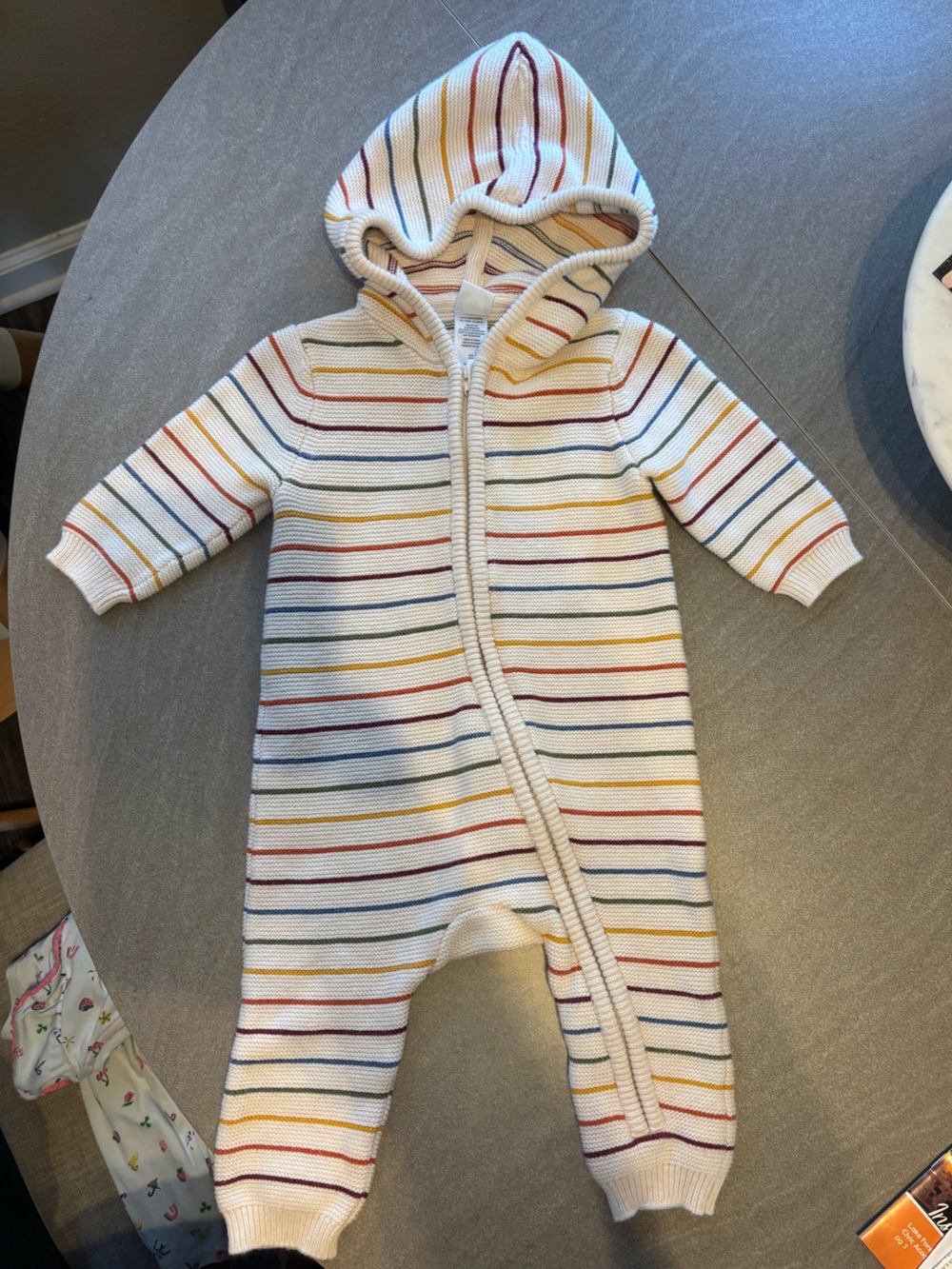 Little Me Cream Knit One-Piece Footie with Rainbow Stripes